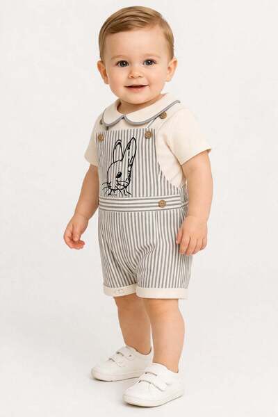 dinamik çocuk Baby Boy Polo Collar T-Shirt and Rabbit Patterned Salopet Jumps...
