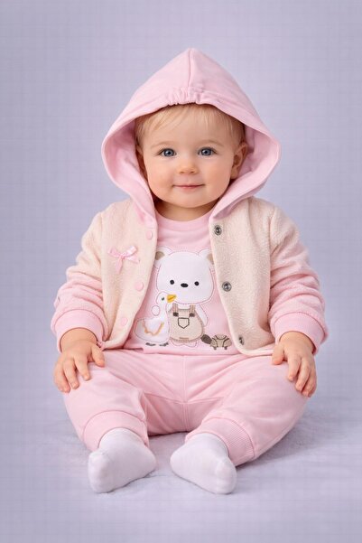 dinamik çocuk Baby Girl Teddy Bear and Duck Embroidered 3-Piece Bodysuit with...