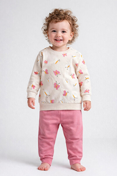 dinamik çocuk Baby Girl Top and Bottom Set with Butterfly Pattern, 2 Yarns, S...