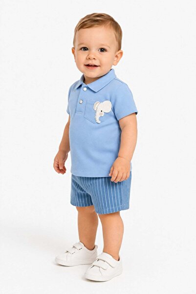 Baby Boy Polo Neck Elephant Embroidered 2pcs Set Summer Fabric with Shorts 6-24 Months