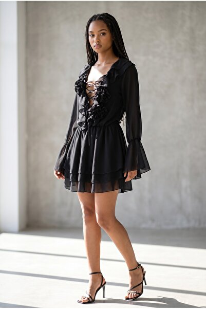 Friday Mood Γυναικείο φόρεμα σιφόν με λεπτομέρειες σε ροζ απόχρωση