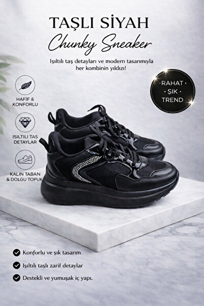 Zoe3 Style Women's Black Stone Detailed Thick Sole Lace-Up Sneaker Sports Shoes