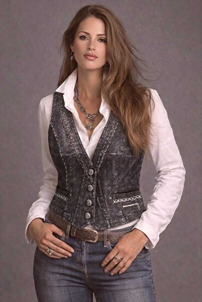 Vintage BOHEM STİL FÜME YIKAMA EFEKTLİ DENİM KOT KADIN YELEK