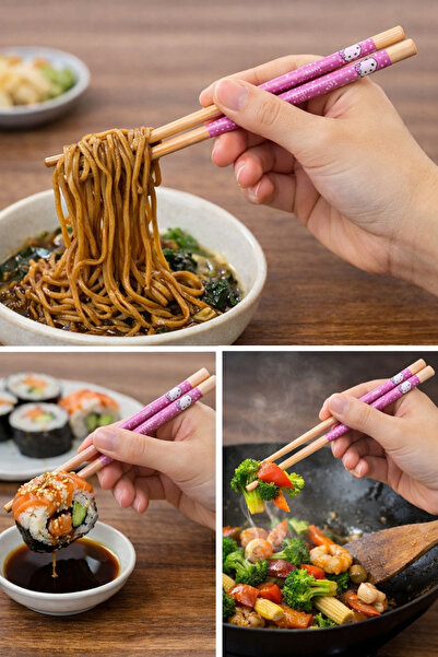 KfcHome 5 Çift Desenli Yıkanabilir Kore Çin Bambu Chopsticks Yemek Çubuğu | D...
