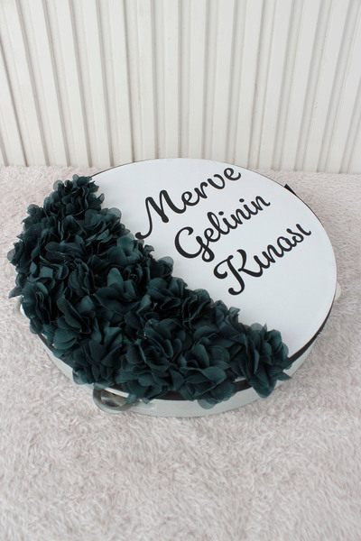 Mortex Yeşil Hilal Desenli Gelin Tefi 28 cm 3D Çiçek Süslemeli Kına Düğün Ned...