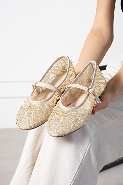 Mio Styllo kirena File Nakış Ve Boncuk Detaylı Yuvarlak Burun Lüks Kadın Babet