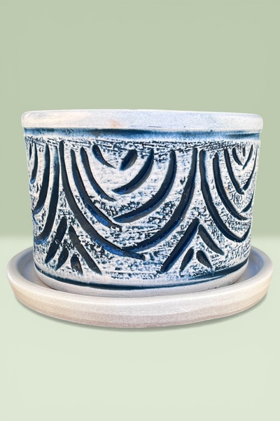 AdenArt Toprak Saksı El Yapımı Dekoratif Mavi Desenli (Tabaklı) 20*15 cm