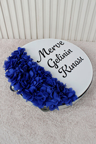 Mortex Saks Mavi Hilal Desenli Gelin Tefi 28 cm 3D Çiçek Süslemeli Kına Düğün...