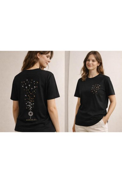 yubistitch Tshirt Embroidered Mini Dandelion- Combed Cotton-Black