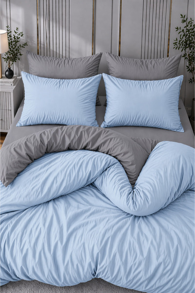 MORE HOME Double Duvet Cover Set with Elastic Sheet Blue Anthracite