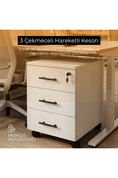 Sempre Keson Tekerlekli Beyaz , Merkez Kilitli, Üç Çekmeceli
