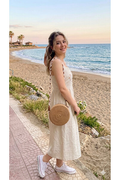 Toka Perisi Μποέμικη χειροποίητη πλεκτή στρογγυλή ψάθινη τσάντα