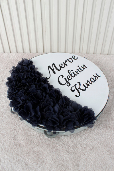 Mortex Lacivert Hilal Desenli Gelin Tefi 28 cm 3D Çiçek Süslemeli Kına Düğün ...