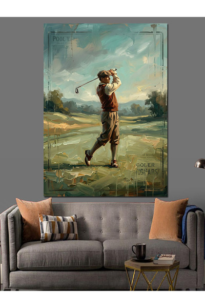 Artmeg Man Playing Golf on Green Field Decorative Canvas - Mdf Wood Table