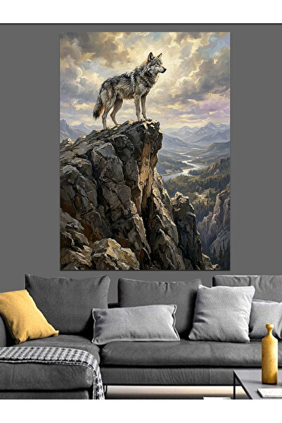 Artmeg Gray Wolf Howling on the Cliff Decorative Canvas - Mdf Wood Painting