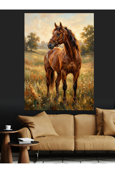 Artmeg Cal nobil maro stând pe o pajiște - Tablou decorativ din pânză - Masă ...