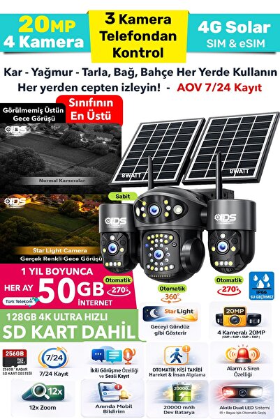 IDS 4 KAMERALI 3 OTOMATİK 4G SOLAR GÜVENLİK KAMERASI - 20MP - 1 YIL HER AY 50...