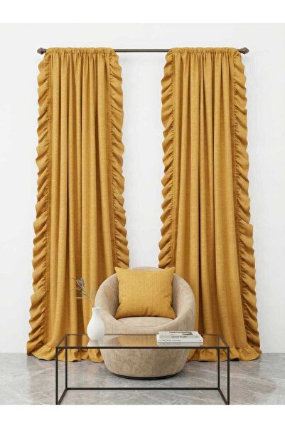 Madame Dower Ειδικής σχεδίασης κουρτίνα με βολάν από λινό σε μουσταρδί κίτριν...