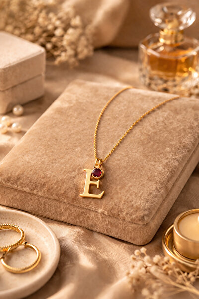 Byozcan Kişiye Özel Harfli ve Doğum Taşlı Gold Rengi 925 Ayar Orjinal Gümüş K...