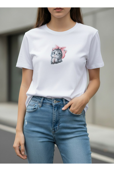 LAND MODA Γυναικείο μπλουζάκι με χαριτωμένο σχέδιο γάτας, 100% βαμβάκι, μίνιμ...