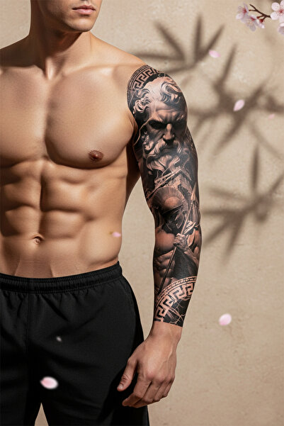 pivok Poseidon, Spartan Savaşçısı ve Grek Desenli Tam Kol Kaplama Tattoo - Ya...