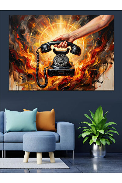 Artmeg Telefon clasic care cântă în flăcări, pânză decorativă - Masă din lemn...