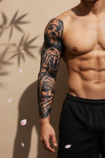 pivok Sargılı Yüzler ve Üç Maymun Felsefesi Motifli Tam Kol Kaplama Tattoo - ...