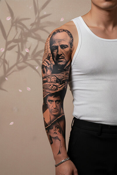 pivok Godfather ve Scarface Portreli Tam Kol Kaplama Tattoo - Yarı Kalıcı / 1...