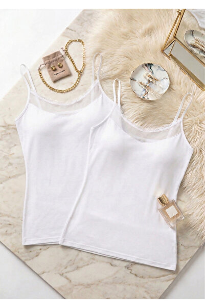 Loule Women's Cotton Thin Strap Tank Top with Tulle and Lace Detail 2-Pack - ...