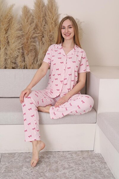 POLKAN PEMBE RENKLİ KURDELA DESENLİ PİJAMA TAKIMI
