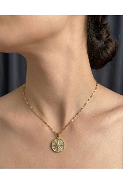 Vira Rise Women's Gold Steel Necklace with Zircon Stone and North Star Compas...
