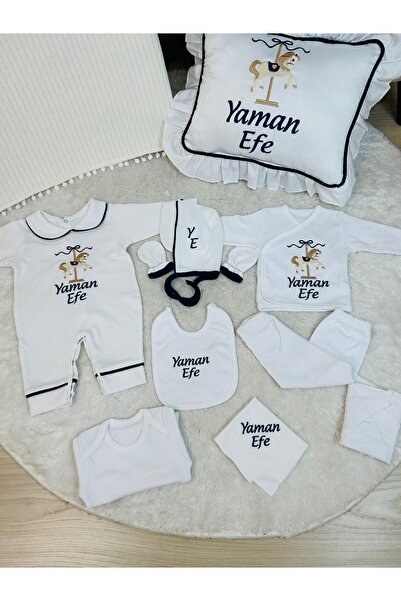 KARSU TASARIM Atlıkarınca İşlemeli İsimli Hastane Çıkış Seti, Takı Yastığı ve Puset Örtüsü %100 Pamuk 12 Parça