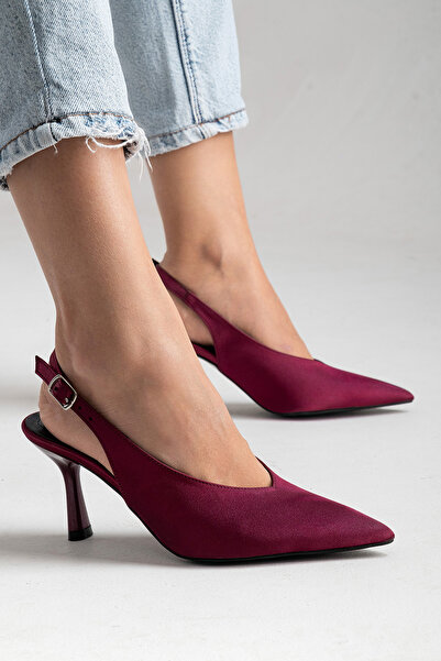 Bordo Saten Arka Açık 9 cm İnce Topuklu Özel Günler Davet Stiletto Kadın Ayakkabı
