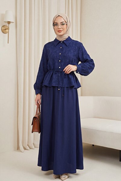 Modamorfo Jacquard Suit with Stoned Buttons and Tie-Waist Skirt - Navy Blue