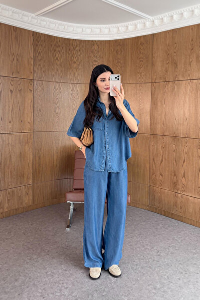 My Blog Koyu Mavi Tensel Kumaş Gömlek Pantolon Takım - 0926