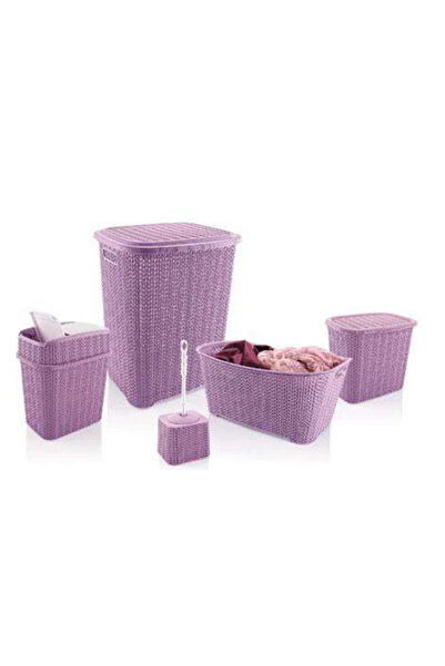 Marsilyan Σετ μπάνιου 5 τεμαχίων από πλαστικό με πλεκτό σχέδιο, καλάθι ρούχων...