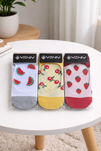 VENİV Women's 3 Pairs of Printed Cotton Elastic Ankle Socks