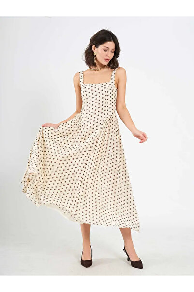 BIGNUANCE Beige Polka Dot Strappy Square Neck Midi Dress Casual & Stylish Wom...