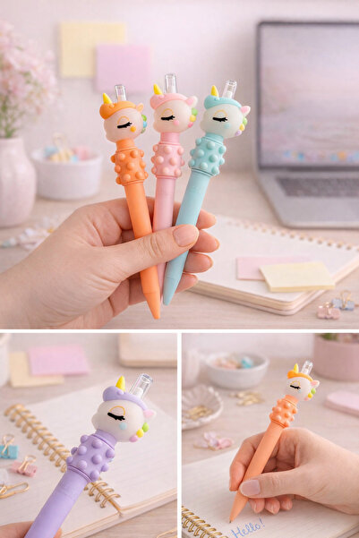 NaSaDAN Unicorn Masajlı Jel Tükenmez Kalem Mavi Mürekkep İnce Uç Pastel Sevim...