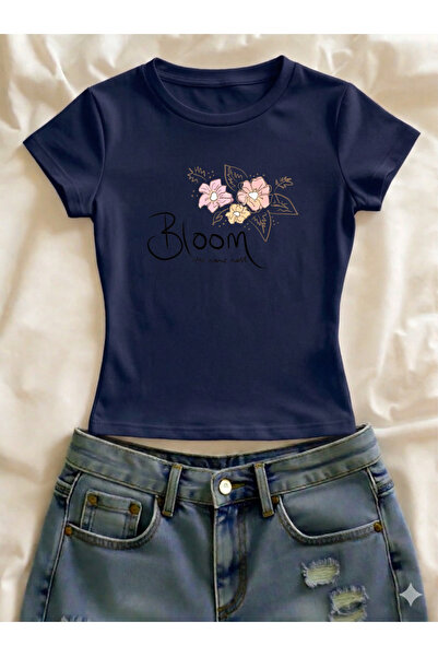 Vordevia Tricou crop cu mânecă scurtă, cu imprimeu floral, din lycra, cu deco...