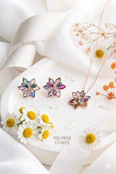 Papatya Silver 925 Ayar Renkli Lotus Kolye Küpe Set.rose.gold.rodaj