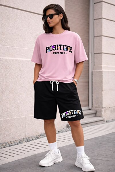 x-compass life Women/Girls Positive Vibes Only Oversize T-Shirt and Shorts Set
