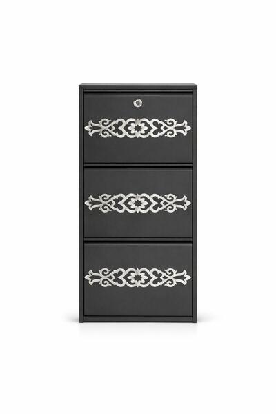 KARLI 3'LÜ KİLİTLİ ANTRASİT GÜMÜŞ DESENLİ METAL AYAKKABILIK