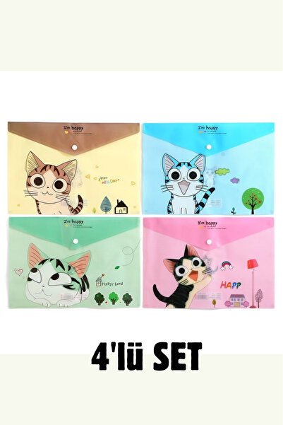 Vox Art 4'lü Sevimli Kedi Desenli Çıtçıtlı Dosya (A4) Renkli Transparan Plastik