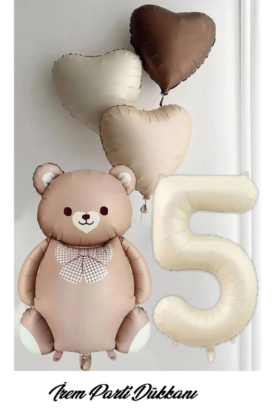İrem Parti Dükkanı 5 Years Old, 3 Retro Hearts, 1 Cream Number, 1 Caramel Ted...