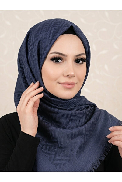 Handmade F Desen Yün Kaşmir İpek Şal Lacivert