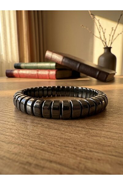 Meneva Aksesuar Hematite Natural Stone Rounded Block Cut Unisex Bracelet
