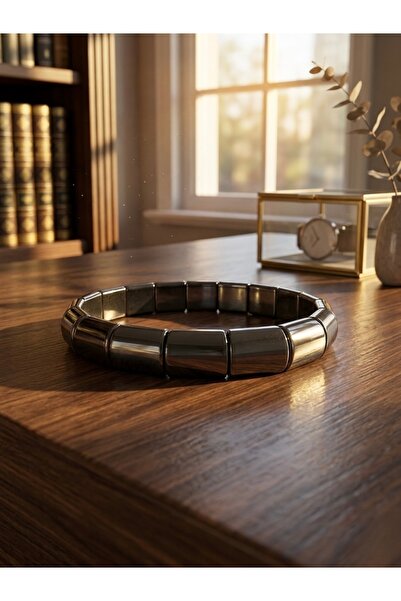 Meneva Aksesuar Hematite Natural Stone Slim Curved Block Unisex Bracelet