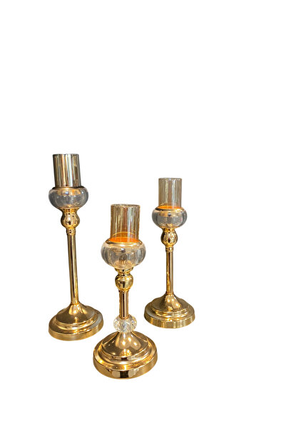 mysecrethome Gold Renk 3’lü Kristal Detaylı Şamdan Seti | Dekoratif Mumluk 38...