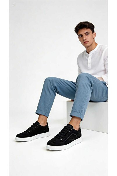 viderri Men's Black 100% Genuine Nubuck Leather Casual Lace-Up Sneaker Shoes ...